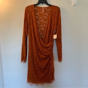 NWT Free People Spanish Chestnut Lace Wrap Stretchy Body-Con Mini Dress Size XL